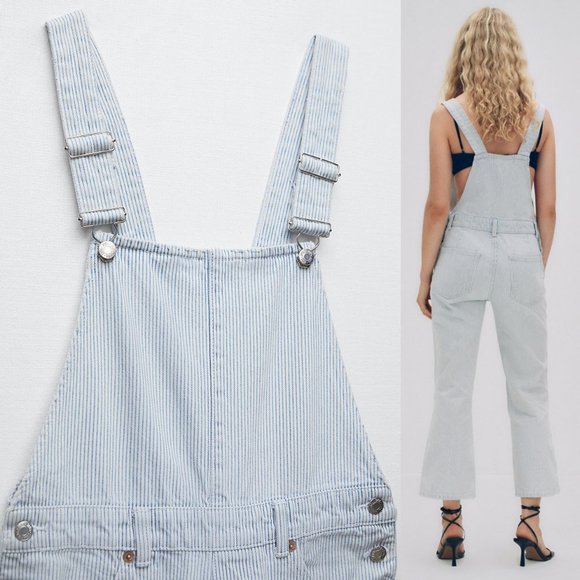 Zara Pin Striped Light Blue Denim Jumpsuit Ankle Straight Leg Overall Pant M - Picture 8 of 9